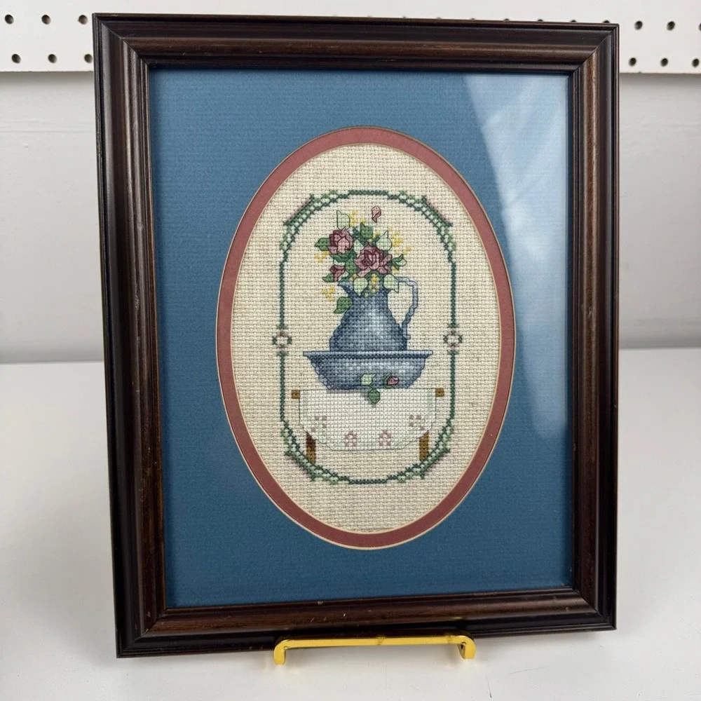 Vtg 1990 Handmade Cross Stitch Blue Pitcher Basin Framed Wall Art Cottage